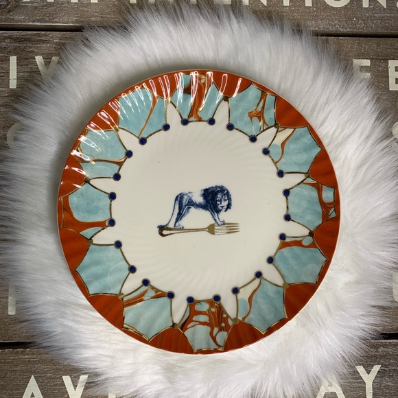 Anthropologie Lion Fork plate blue and orange